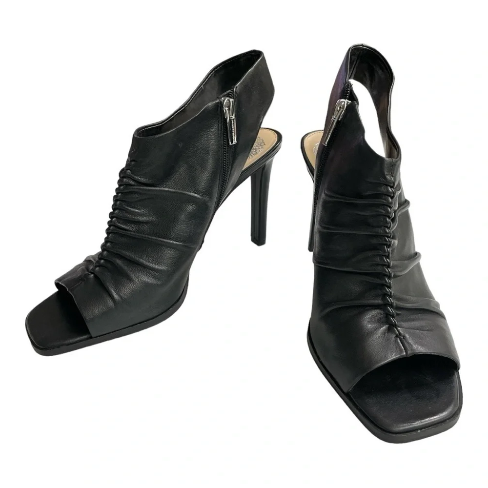 Vince Camuto Jenett Leather Rouched Front Slingback Heeled Booties Black 9 1/2M